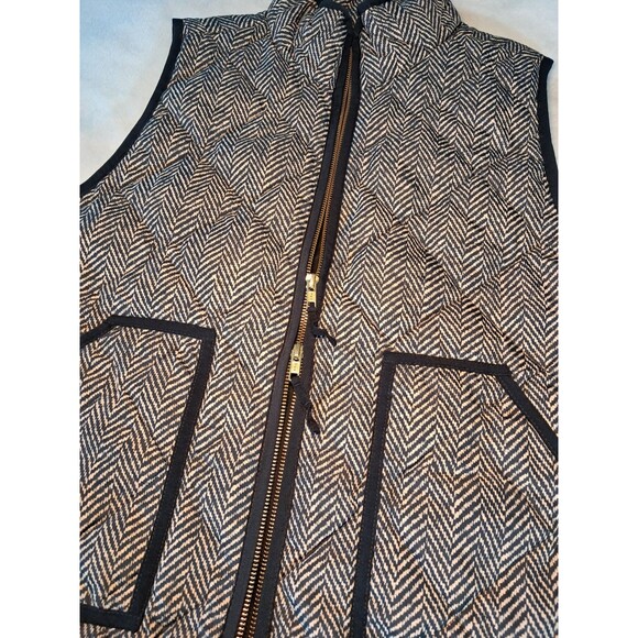 J.Crew Down Filled Vest Black Tan Herringbone 2 Way Zip Snap Pockets Size L Vest - Picture 7 of 10